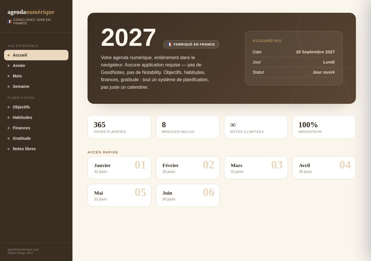 Agenda Numérique 2027 — Beige & tan — vue Accueil