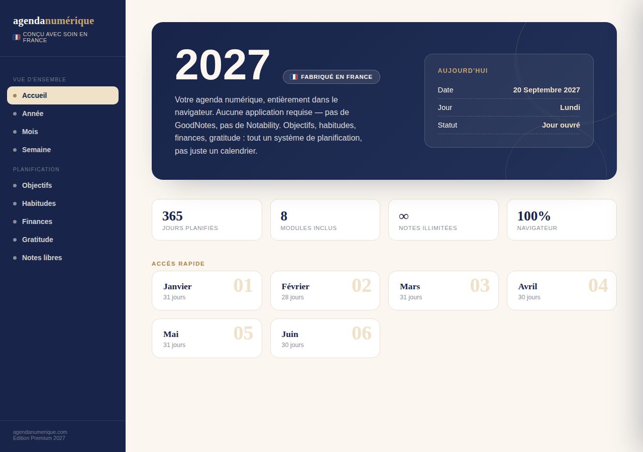 Agenda Numérique 2027 — Bleu nuit & or — vue Accueil