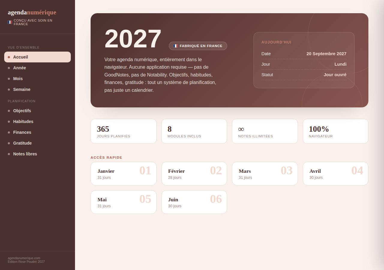 Agenda Numérique 2027 — Rose poudré — vue Accueil