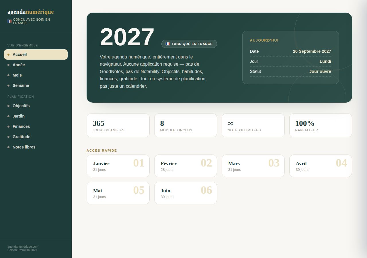 Agenda Numérique 2027 — Nature Marbre — vue Accueil