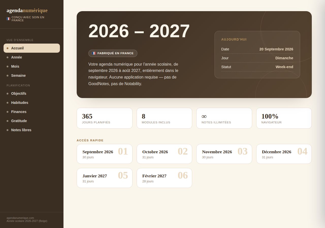 Agenda Scolaire Numérique 2026 – 2027 — Beige & tan — vue Accueil