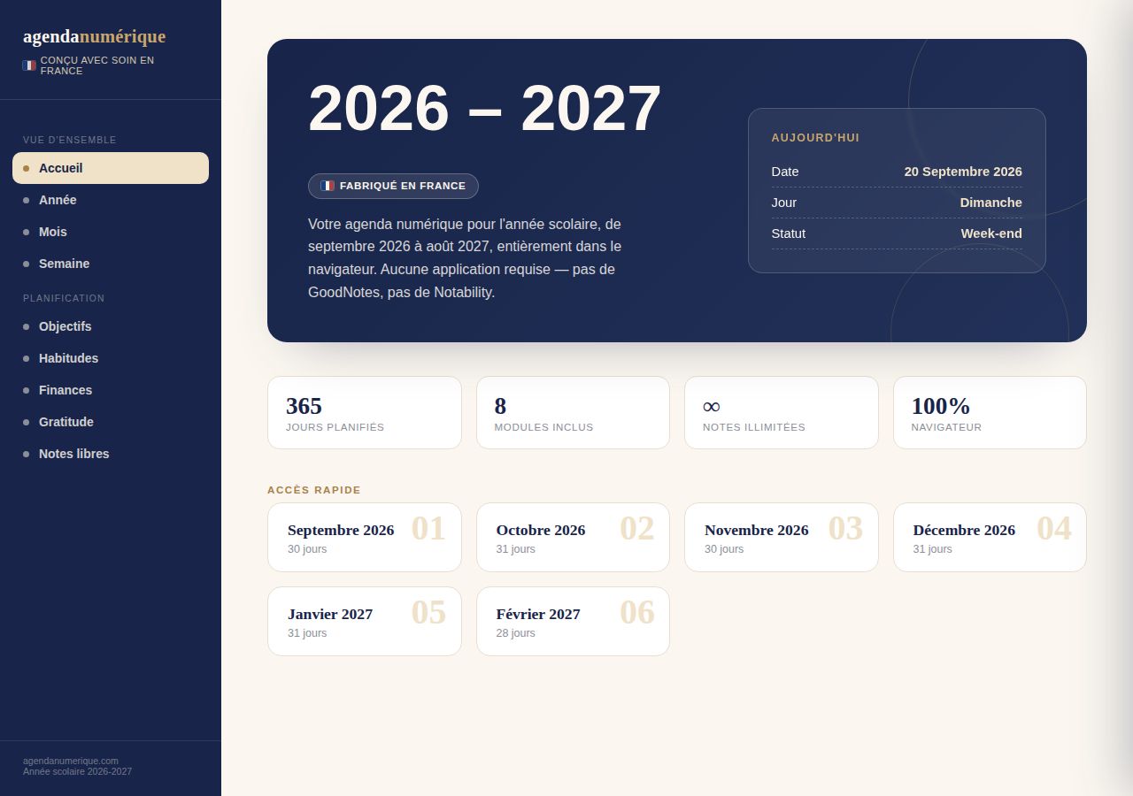 Agenda Scolaire Numérique 2026 – 2027 — Bleu nuit & or — vue Accueil