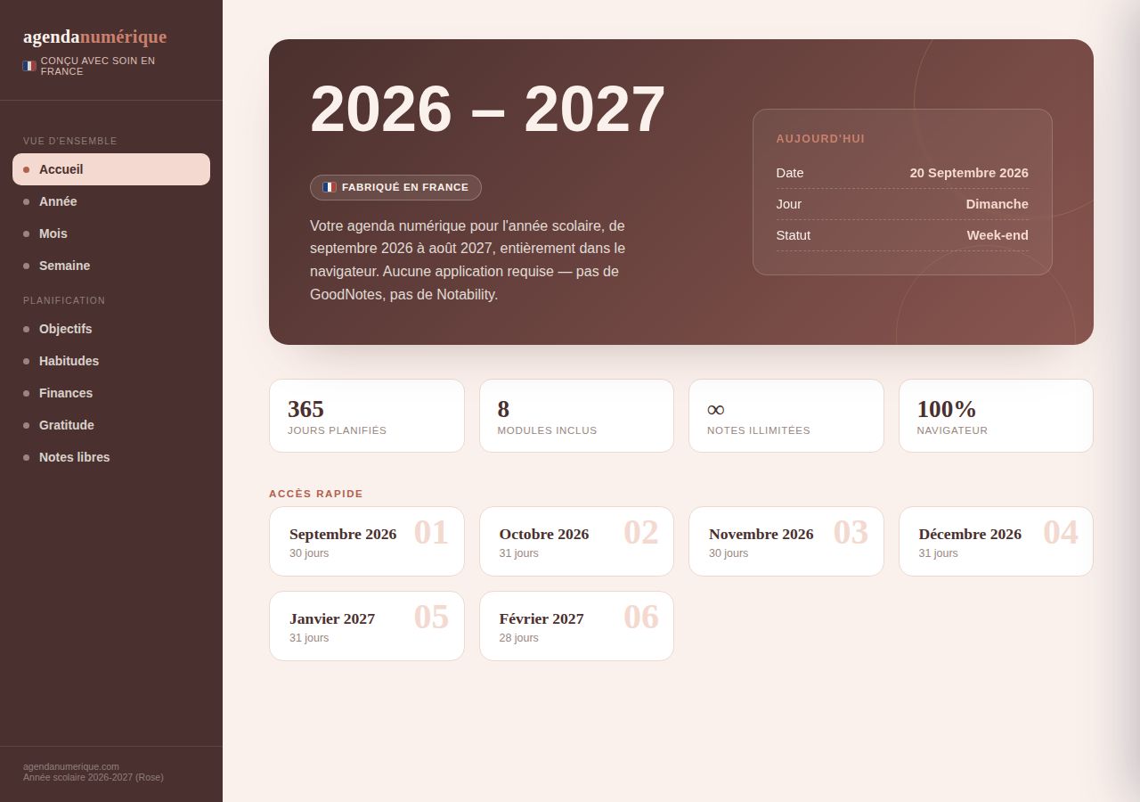 Agenda Scolaire Numérique 2026 – 2027 — Rose poudré — vue Accueil