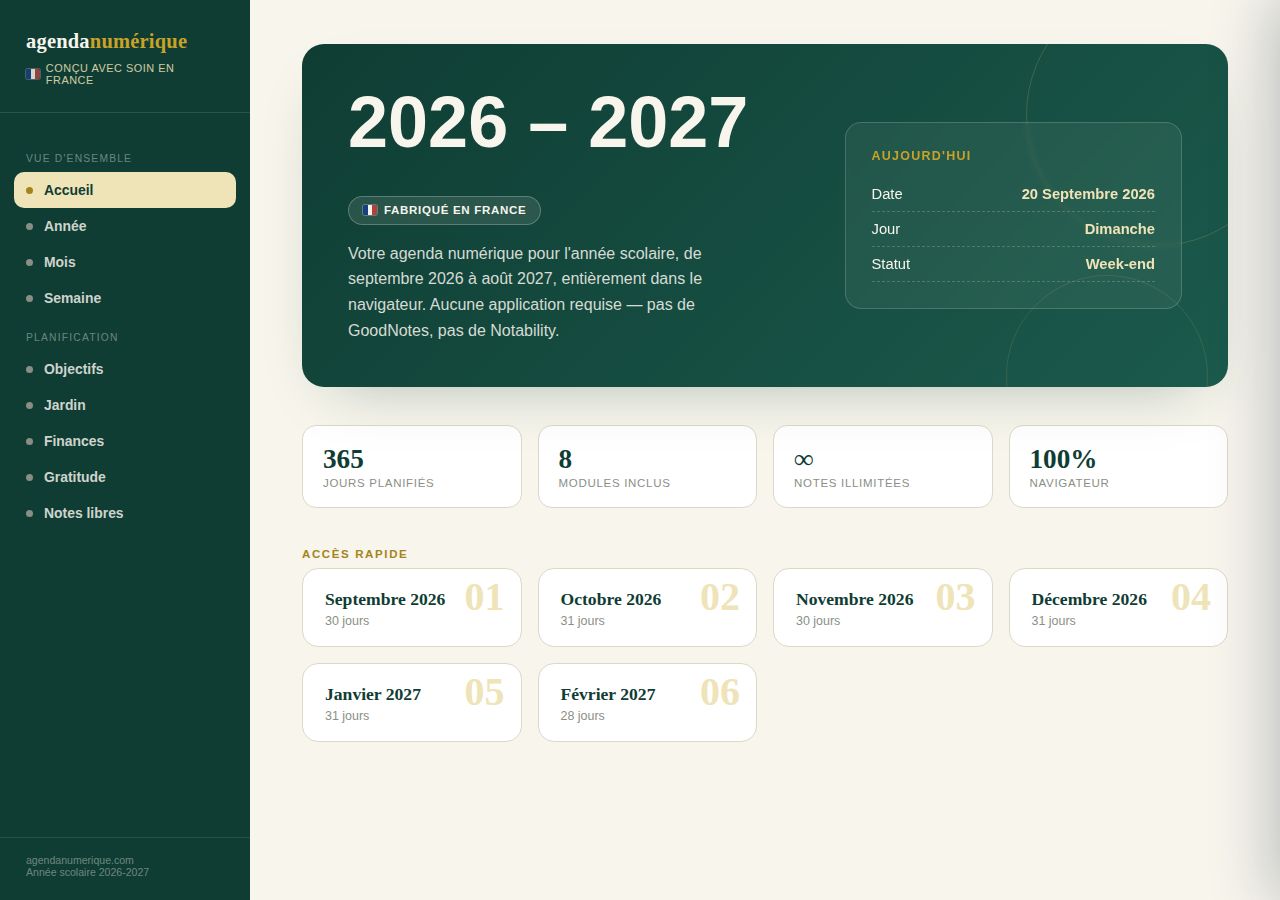 Agenda Scolaire Numérique 2026 – 2027 — Nature Émeraude — vue Accueil