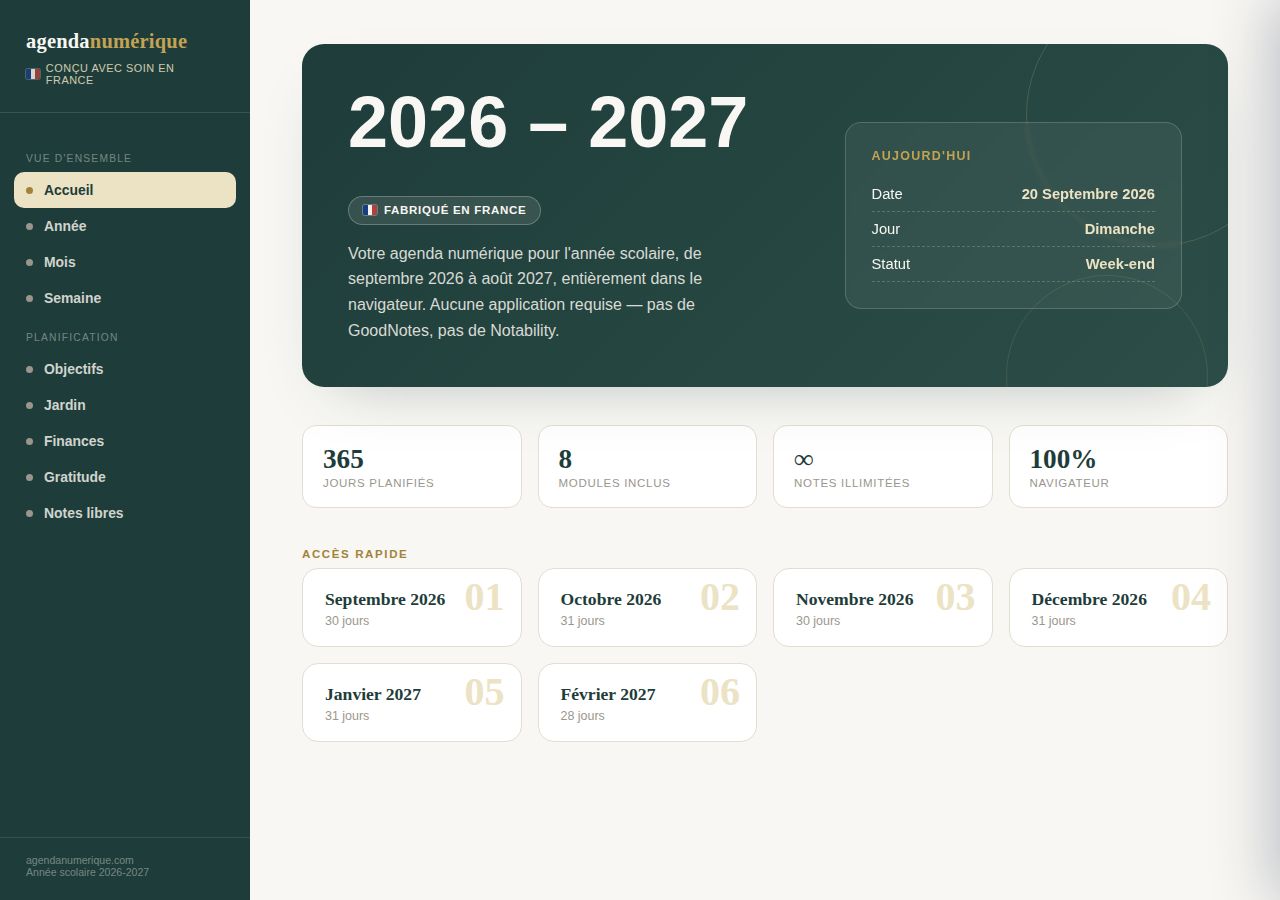 Agenda Scolaire Numérique 2026 – 2027 — Nature Marbre — vue Accueil