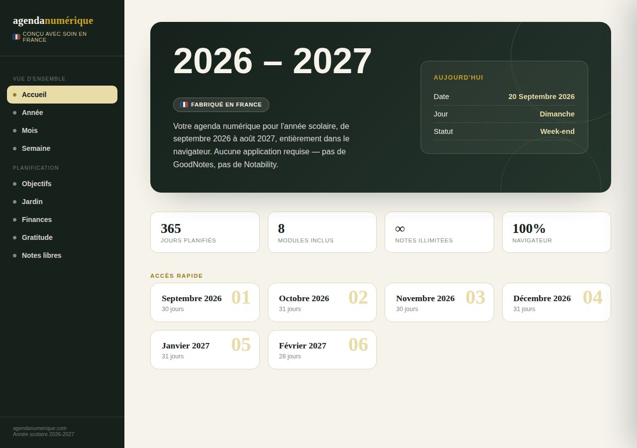 Agenda Scolaire Numérique 2026 – 2027 — Nature Sauge — vue Accueil